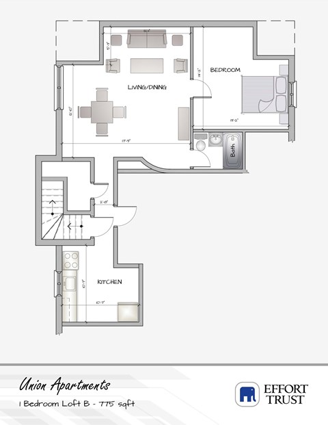 A floor plan of a one bedroom apartment from Union Apartments.